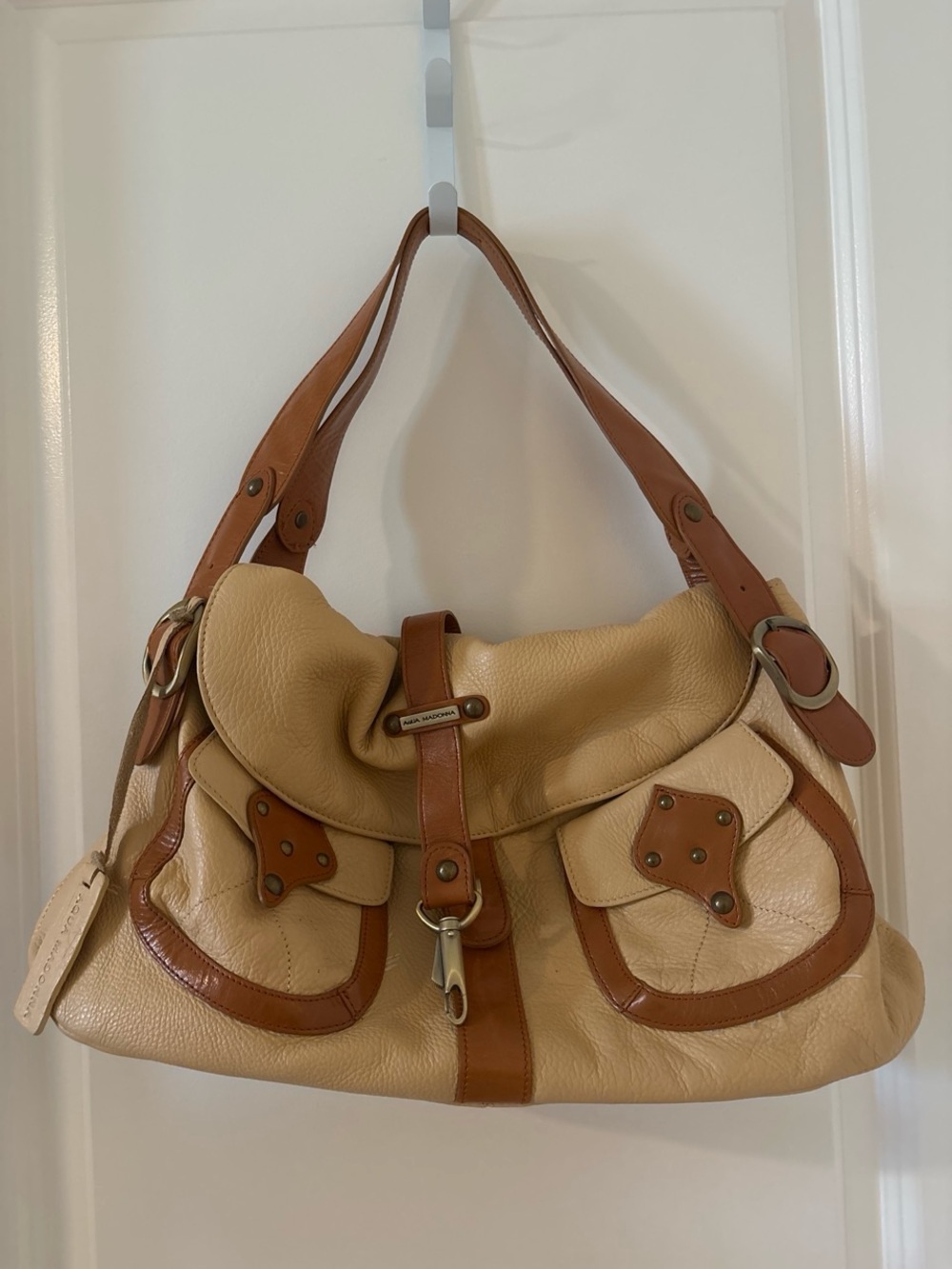 Aqua Madonna Beige and Tan Leather Shoulder Bag